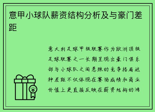 意甲小球队薪资结构分析及与豪门差距